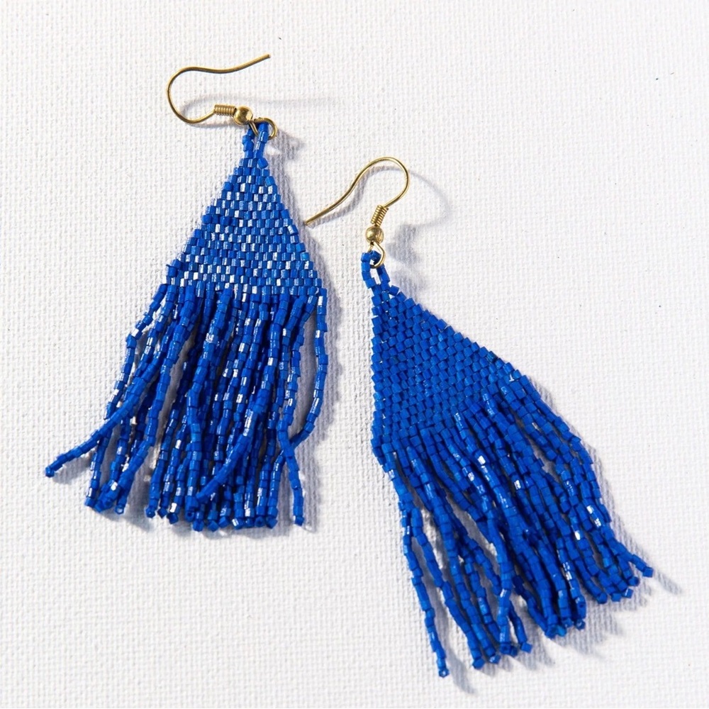 NWT Free People x Ink + Alloy Lexie Solid Beaded Fringe Earrings in Lapis Blue